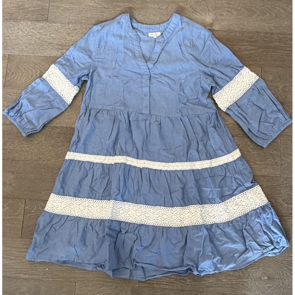 Linda Anderson Blue Chambray Dress Sz M Boho Lace Tiered Women's Modest